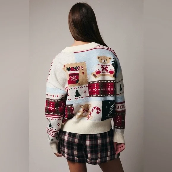 Patchwork Holiday Print Long Sleeve Knit Christmas Sweater - Sunday Edition - Picture 2 of 8